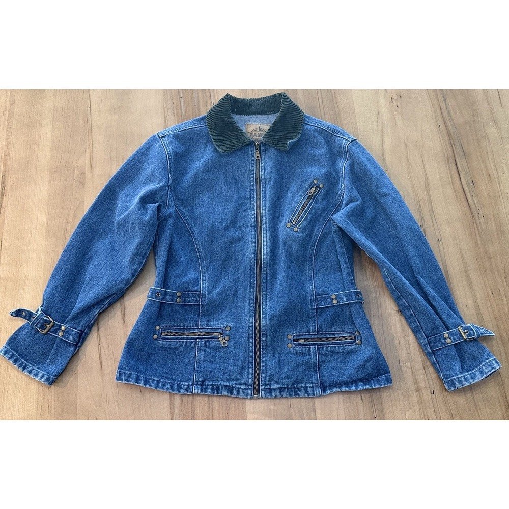 Y2K AMI Denim Fitted Jacket 100% Cotton Green Corduroy Collar Adult M